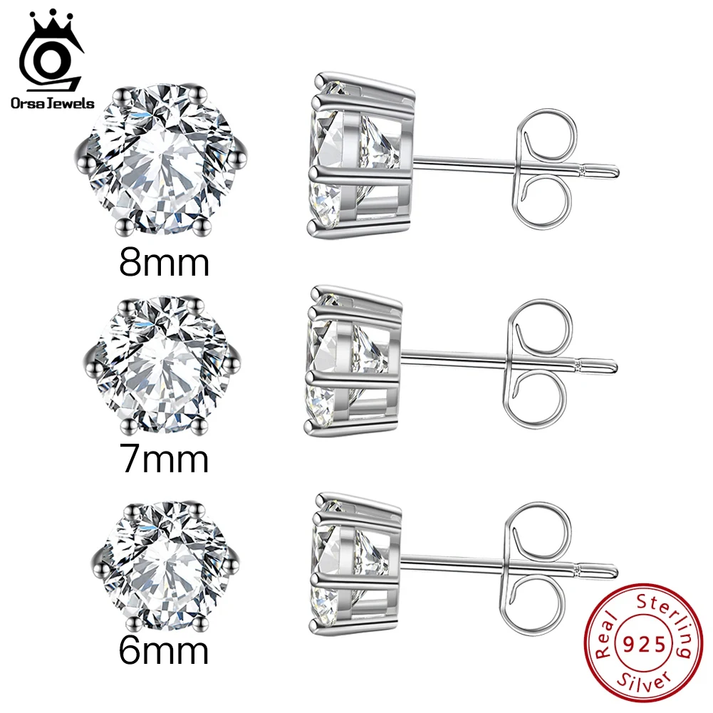 

ORSA JEWELS Authentic 925 Silver Stud Earrings Classic 6 Prong Setting Zirconia Teen Girls Women Earring Elegant Jewelry APE36