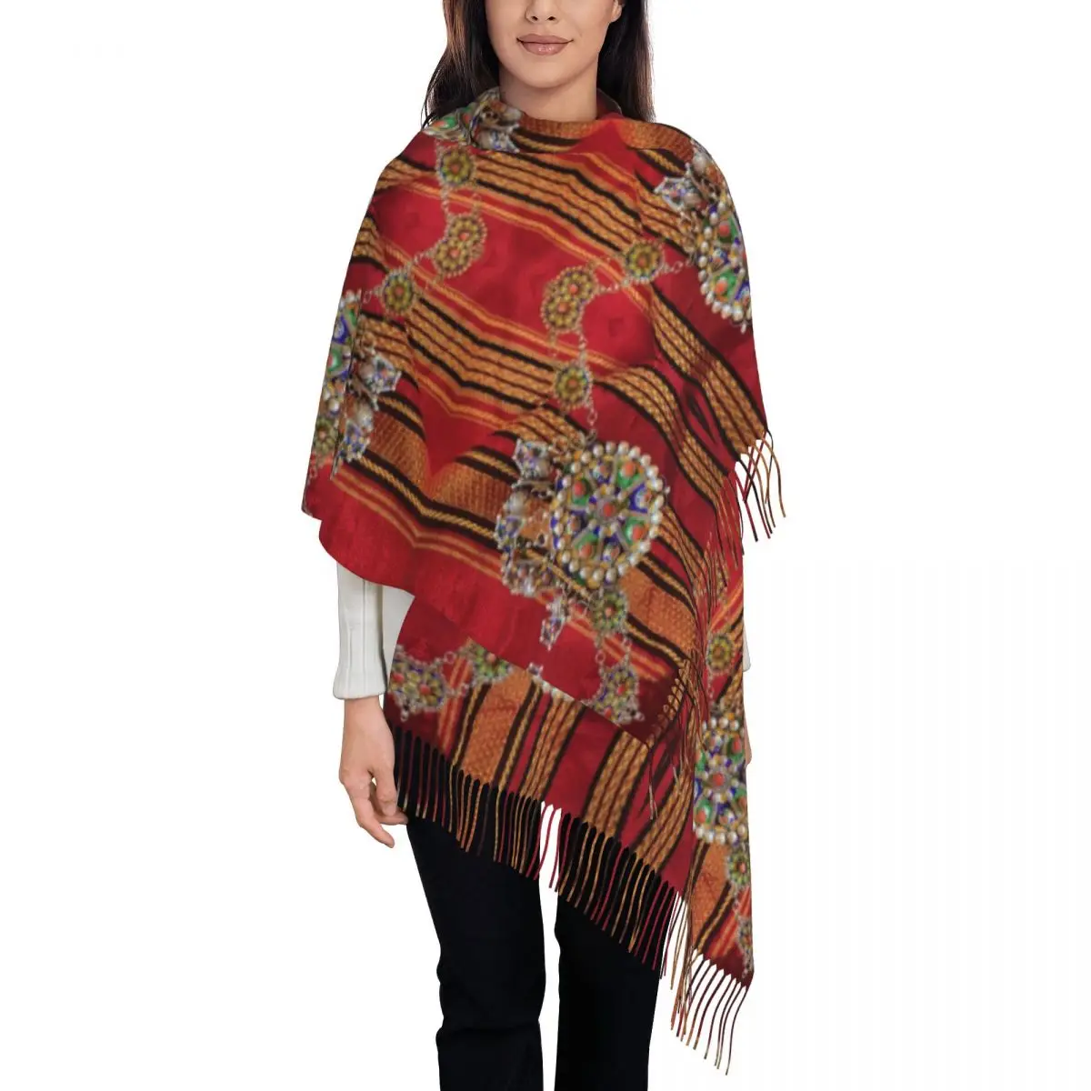 

Custom Amazigh Kabyle Jewelry Scarf Wrap for Women Long Winter Fall Warm Tassel Shawl Unisex Africa Berber Ethnic Style Scarves