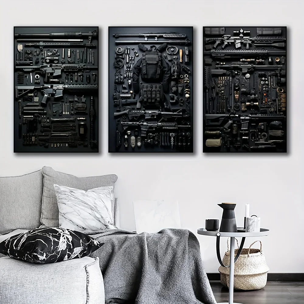 3pcs Art Deco Geometric Gun Accessories Canvas Prints - Frameless Wall Posters Featuring AK-47 Rifle & Ammunition Design for Mod