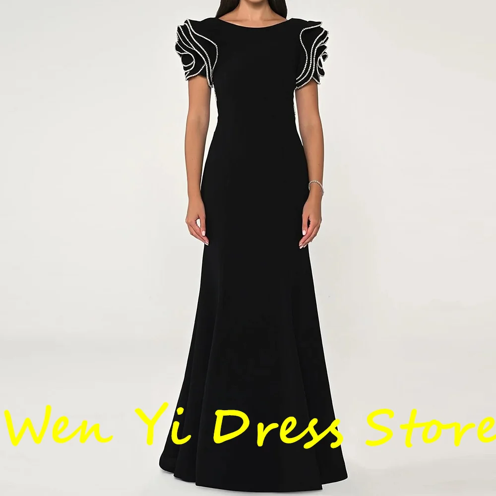 Elegant Party Dresses Woman Floor Length Straight Jersey Short Sleeves Pleats Solid Black Crew neck Bespoke Occasion Gowns 2024