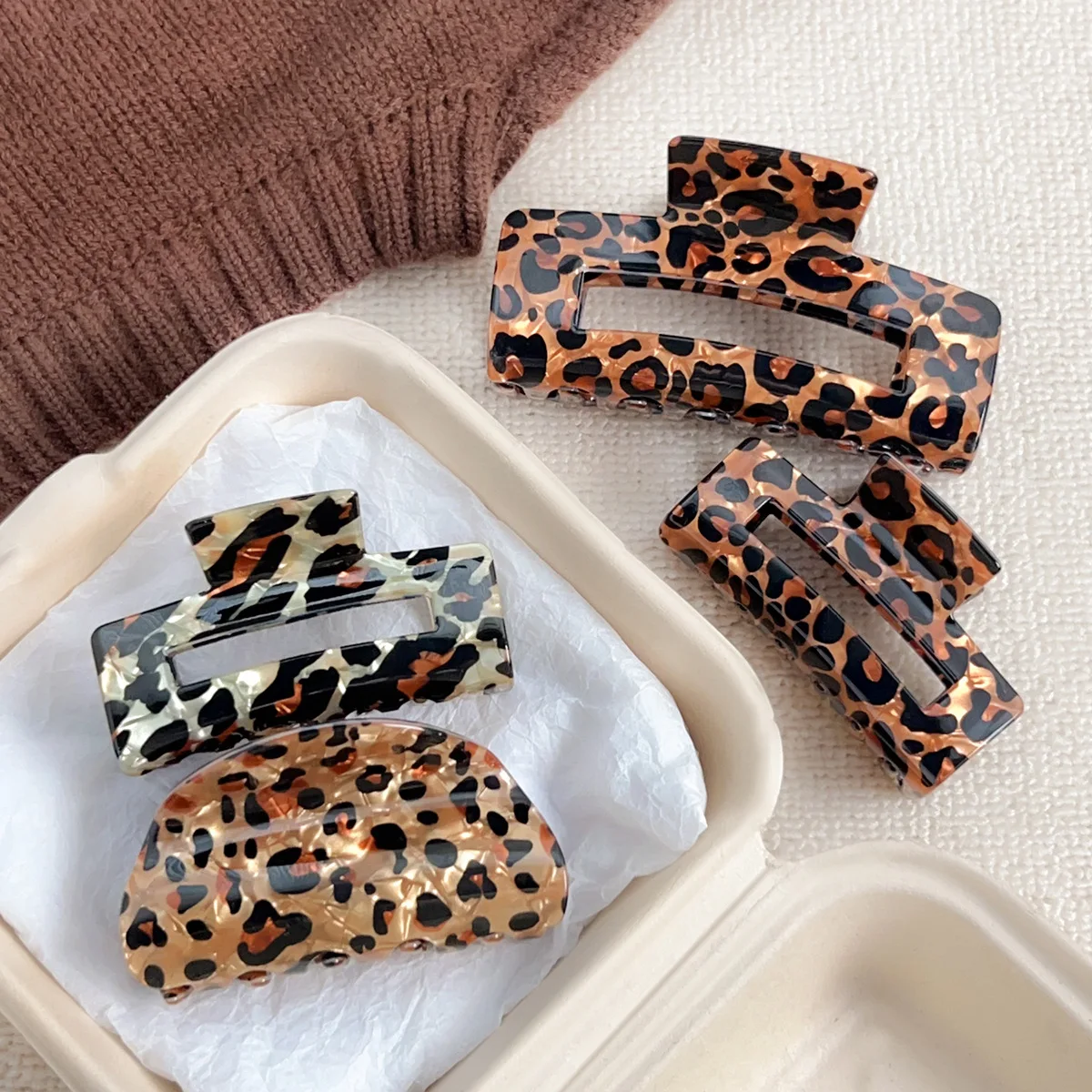 Retro Leopard Print Clip Large Square Back Of Head Hair Accessory For Women