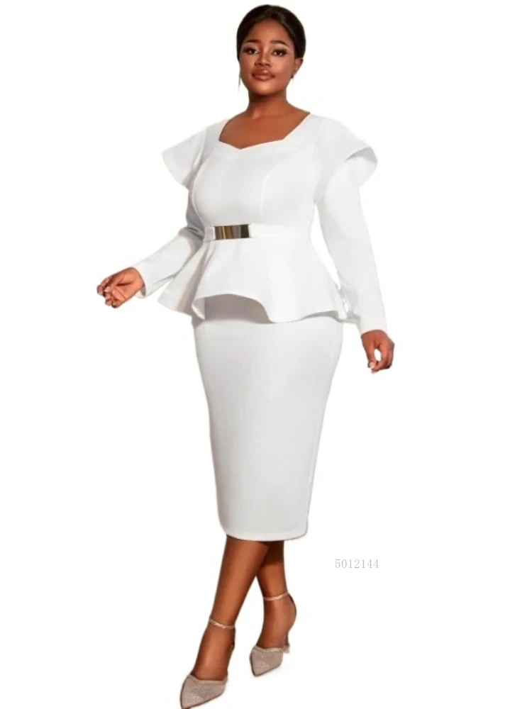 

L-4XL африканские платья больших размеров для женщин, элегантное африканское платье с длинным рукавом из белого полиэстера, вечернее облегающее платье миди, наряды