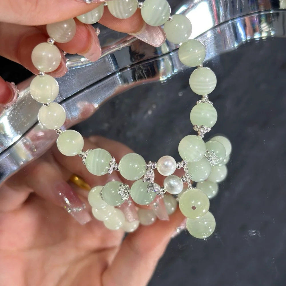 9.8MM Natural Green Jade Bead Bracelet Gemstone Fashion Crystal Healing For Women Jewelry Wrist Gift 1PCS