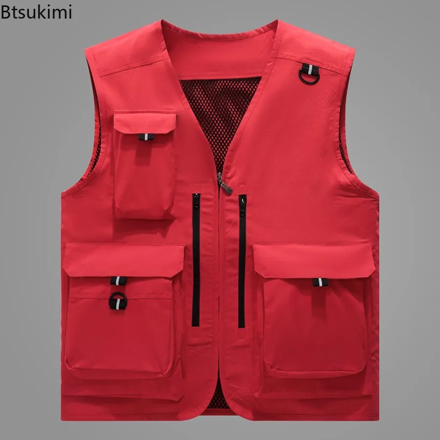 

2025 Spring and Summer New Men's Fashion Vest Casual Mesh Work Sleeveless Jacket Tool Pockets V Collar Photography Fishing Vest