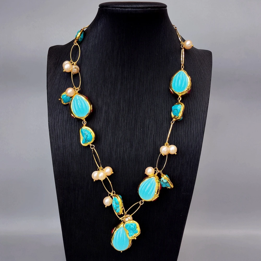 

YYGEM 19x21mm Blue Turquoise 24x32mm Jade Freshwater Pink Potato Pearl Statement Collar Choker Necklace