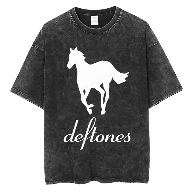 

Harajuku Gothic Summer Casual Streetwear Ohms White Pony Deftones Rock Band T-Shirt Men and Women Washed T-Shirt Top Hip Hop Y2k