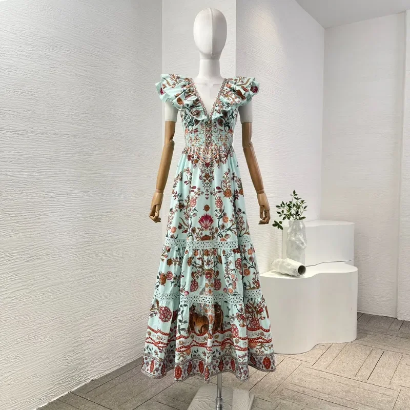 Women's Green Floral Print Wood Vintage High Quality 2025 New Fashion Ear Deep V Neck Maxi Dresses for Holiday