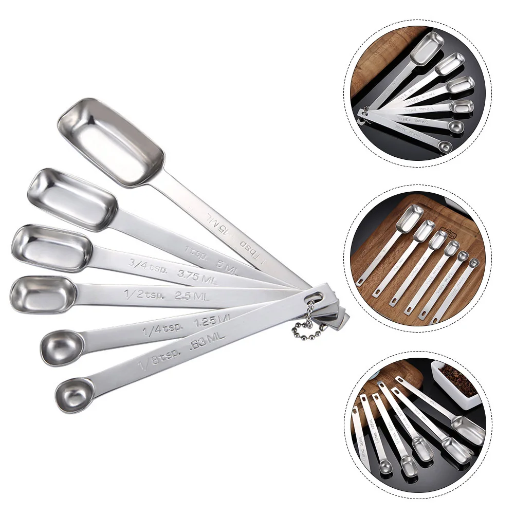 

6Pcs Stainless Steel Measuring Spoon Set Square Head Engraved Scale Long Handle Kitchen Tools Measuring Spoon Seasoning Supplies
