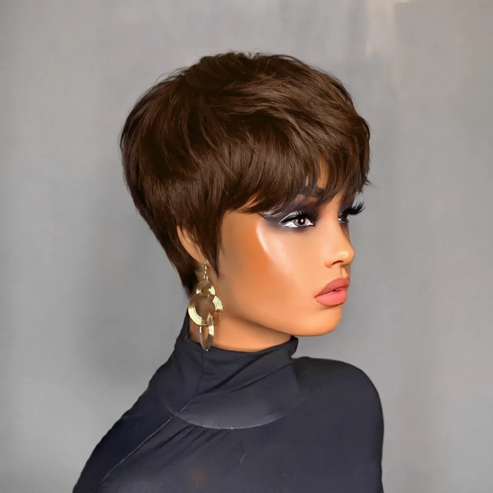 

6inch pixie wig human hair wig machine made wig brown black human hair pixie cut short straight human hair wig 150% density hair wig