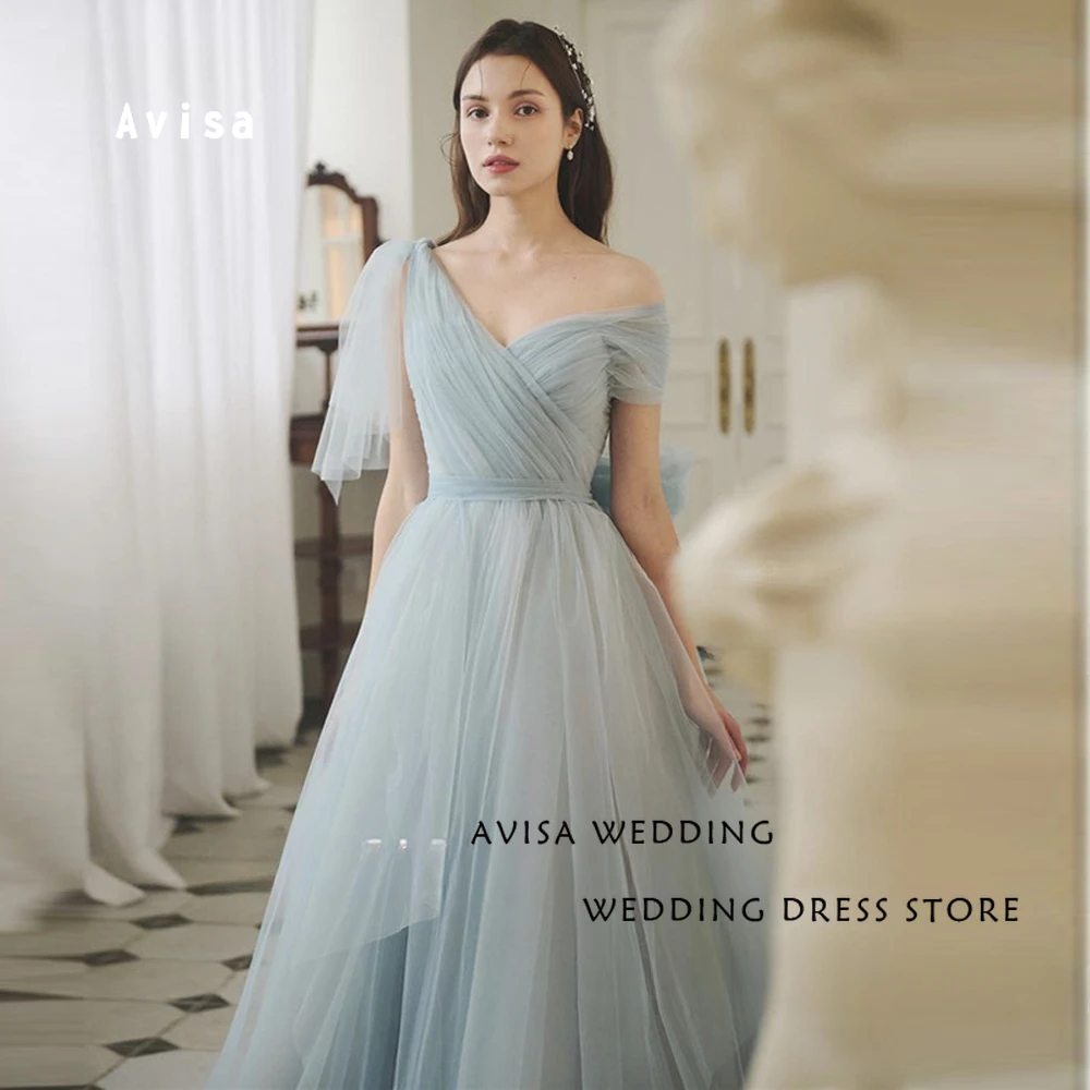 Fairy Dusty Blue Tulle Long Prom Dresses Korea Lady Floor Length Evening Gowns Wedding Party Dress Formal Elegant