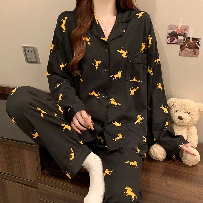 

Girl Fun Animal Printed Pajamas for Spring Women's Black Cardigan Collar Long Sleeve Home Clothes Set Thin Version Sleepwear