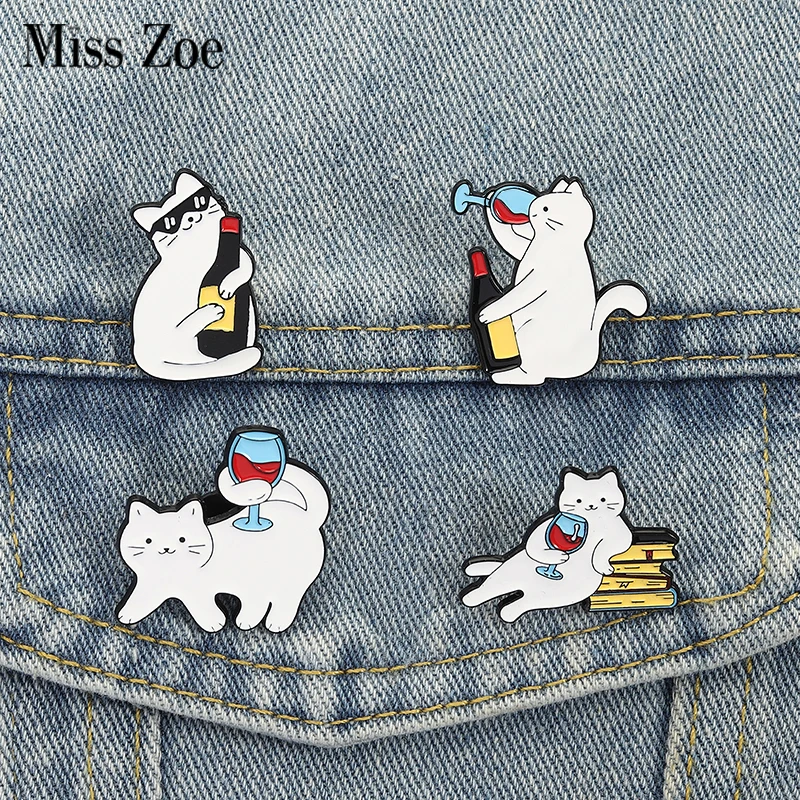Broches en émail pour verre à vin et chat, broches personnalisées pour boire du chat, Badges à revers, vêtements, bijoux animaux, cadeau pour enfants et amis