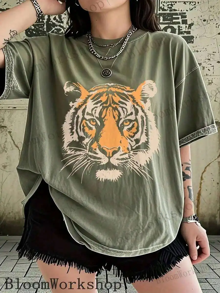Vintage Tiger Print Women'S Washed T Shirt Casual Summer Top For Beach Wear High Quality Local