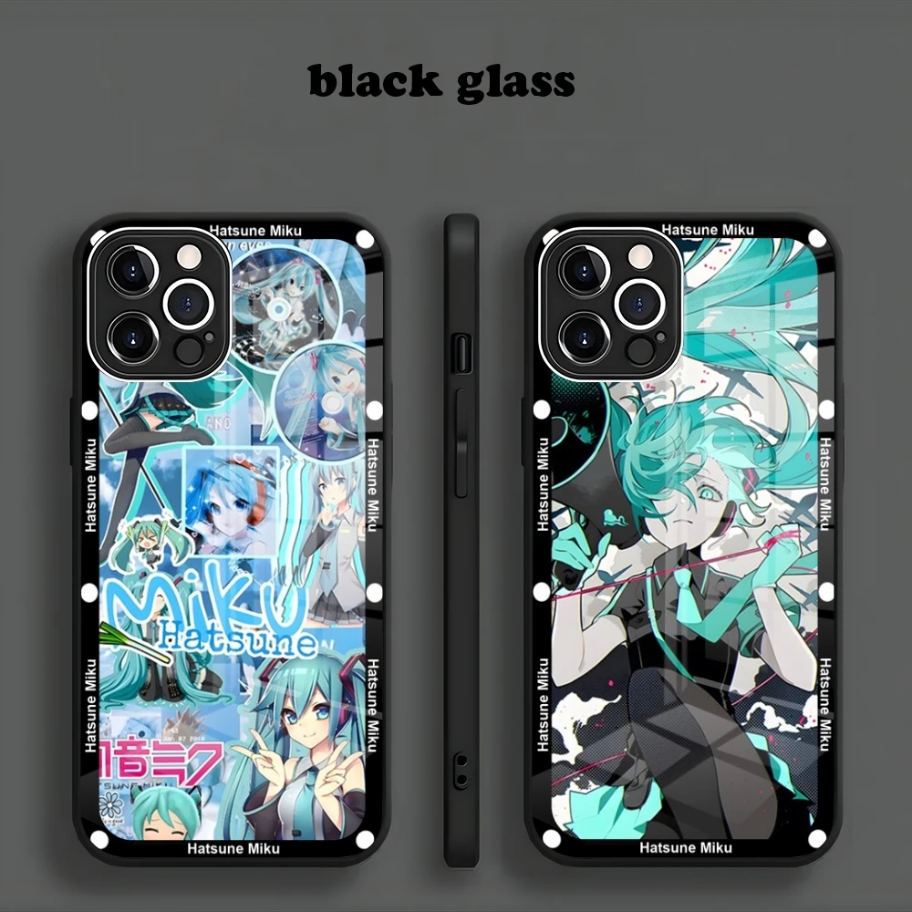 Cute H-Hatsune ponytail M-Miku  for Iphone 15 14 13 12 11 Pro Max X XS XR 7 8 Plus  SE Metallic Paint Glass Mobile Phone Case