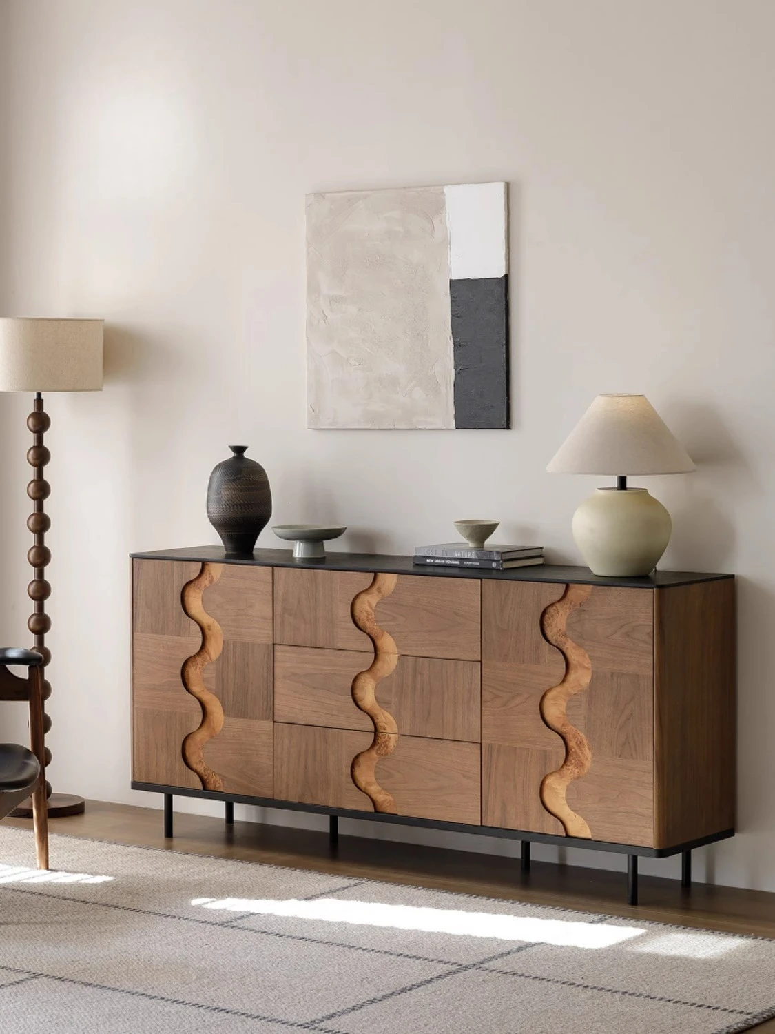 

Retro medieval style solid wood dining side cabinet, entrance cabinet, black walnut parquet against the wall, integrated drawer