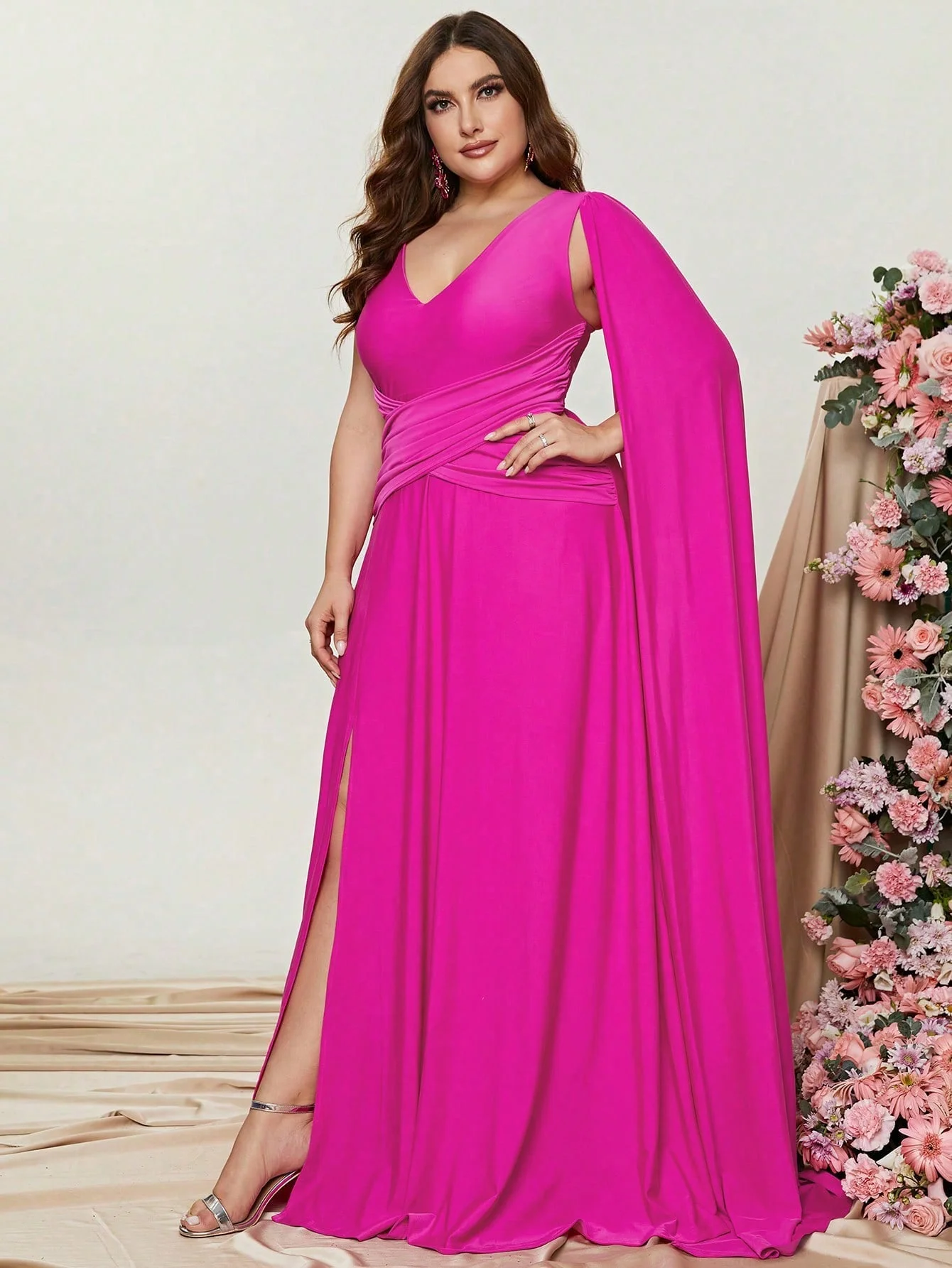 Plus Size Puff ärmel Rüschen Schlitz Party kleid