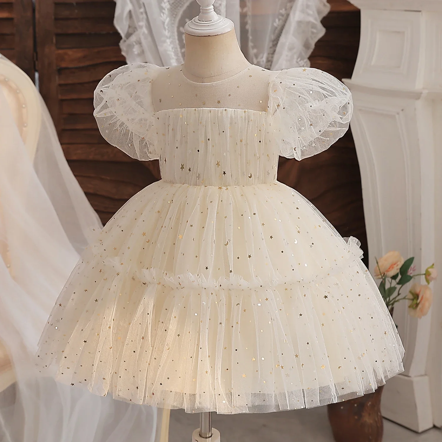 12M Baby 1st Birthday Baptism Dress for Girl Puff Sleeve 1-5Y Toddler Kids Star Sequins Princess Dress Wedding Party Girls Dress