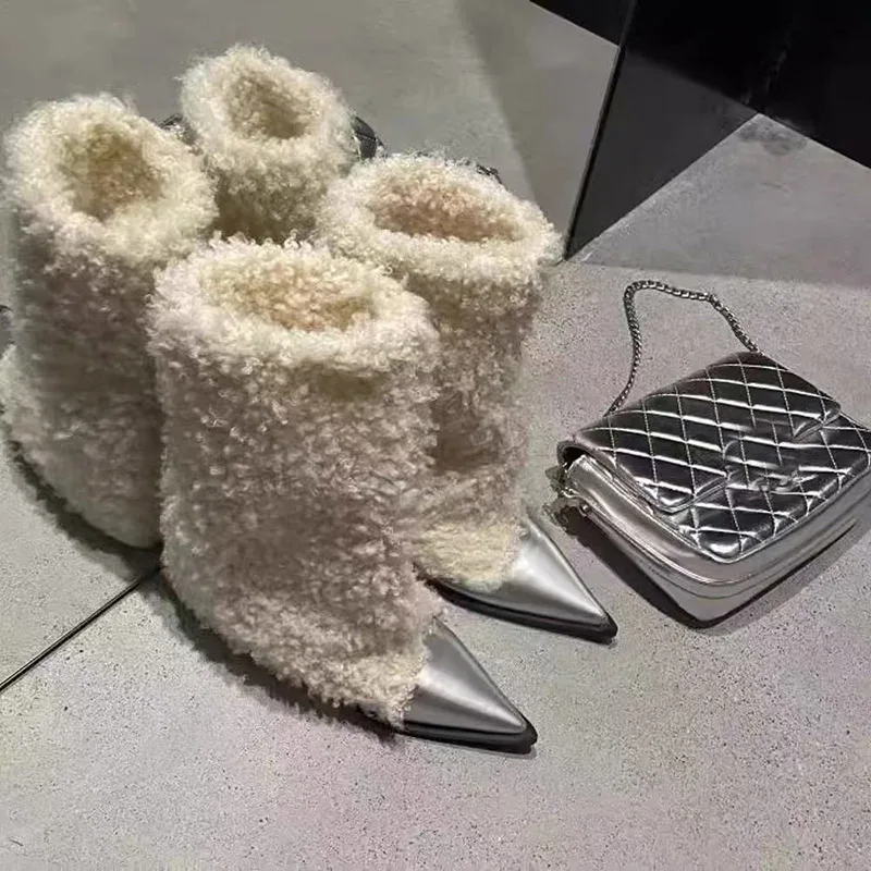 الرجعية العلامة التجارية مصمم الاصطناعي قصيرة أفخم منتصف العجل الأحذية النسائية 2026new خطوة واحدة الثلوج الأحذية رقيق الفراء مثير الإناث عالية الكعب #2