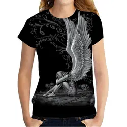 2023 3d Gothic Angel Print T-shirt Round Collar Black Short Sleeve Angel Print Funny Wings Women Hip Hop Skull Size 6xl