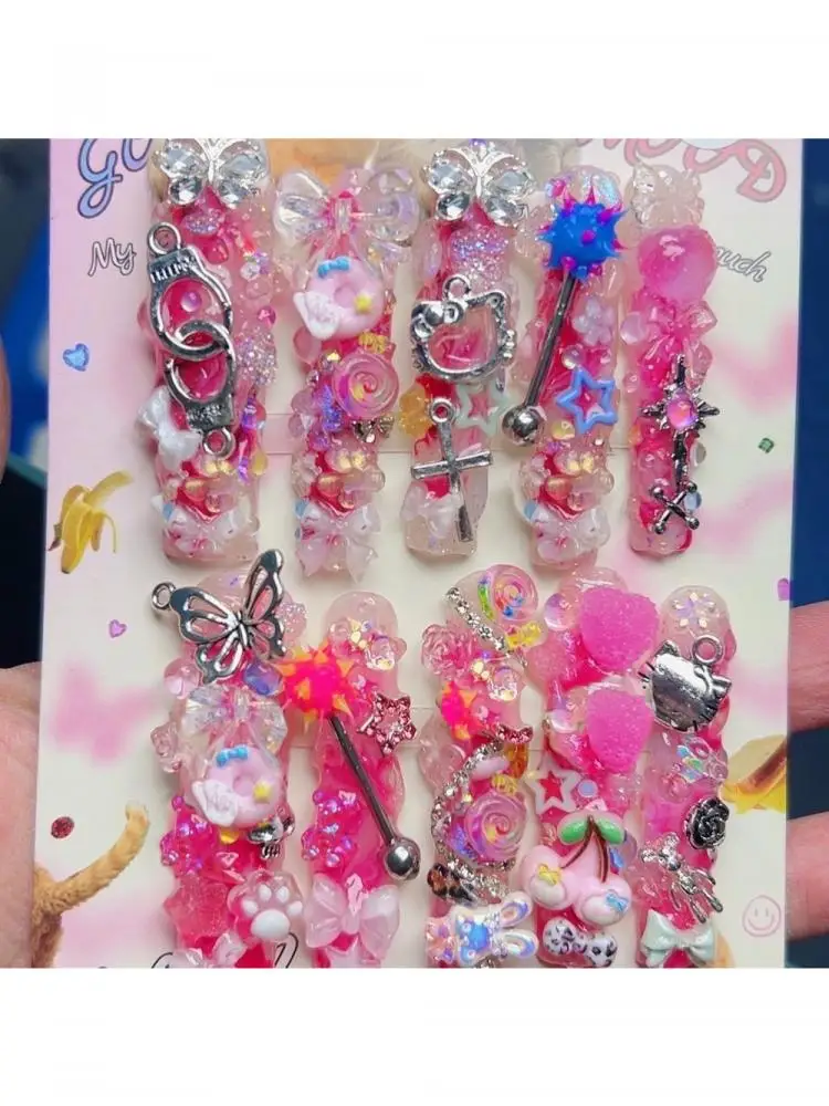 10Pcs Y2K Cartoon Bear Heavy Industry Handmade Removable Fake Nail 3D Metal Handcuffs Butterfly Long Square Xl Full Fake Nail
