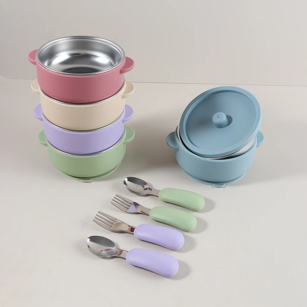 

baby feeding bowl sauction food grade silicone boy girl tableware cute with lid new stainless steel spoon fork set