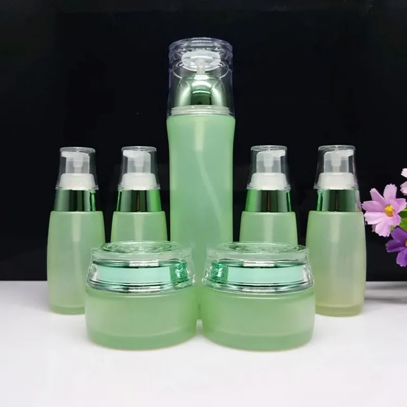 

10pcs/lot Green Clear Bottle Cosmetic 30/100ml Lotion Press Pump Bottle DIY Empty 50g Cream Jar Pot Set Travel Makeup Pack Kit