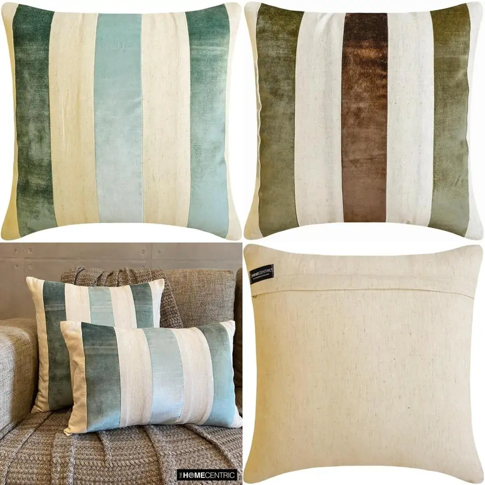 

Blue Velvet Striped Linen Throw Pillow Covers, Set of 2, 22x22 Inches Couch Cushion Covers