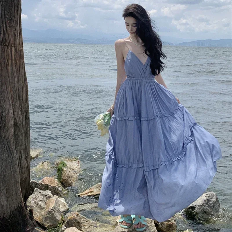 New Summer Women Simple Beach Dress Stylish Solid Blue Vacation Strappy Dress Korean Lolita Casual Long Luxury Elegant Sundress