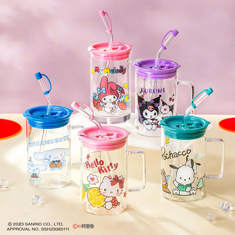 

Kawaii Sanrios Hellokittys 600Ml Straw Cup Cinnamoroll Kuromi My Melody Cartoon Home Drink Cup Anime Glass Cup Cute Girl Gift