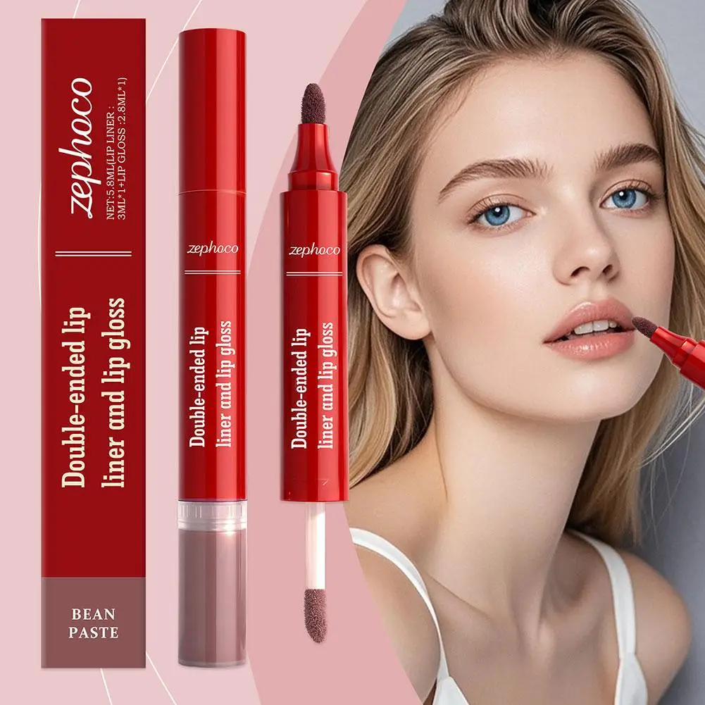 Penna per labbra opaca a doppia testa a 3 colori Specchio rimpolpante Lucidalabbra 2 in 1 Olio per labbra Durata Labbra marroni nude Matita per contorno Trucco
