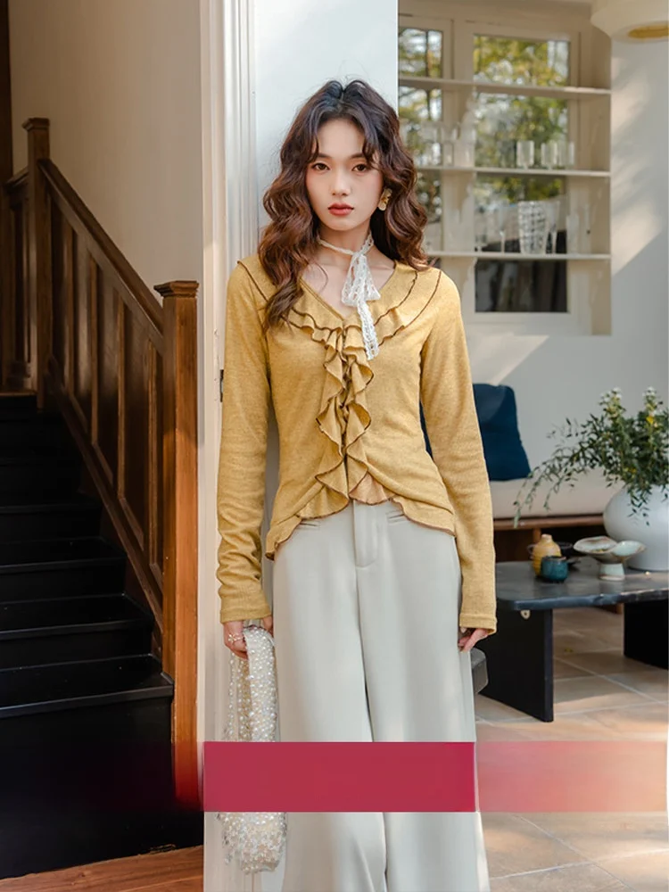

Unique Knitted Yellow Blouse for Women with Lace Trim Spring Fashion Design Sensation Polyester Fiber Slim Fit Long Sleeve ...