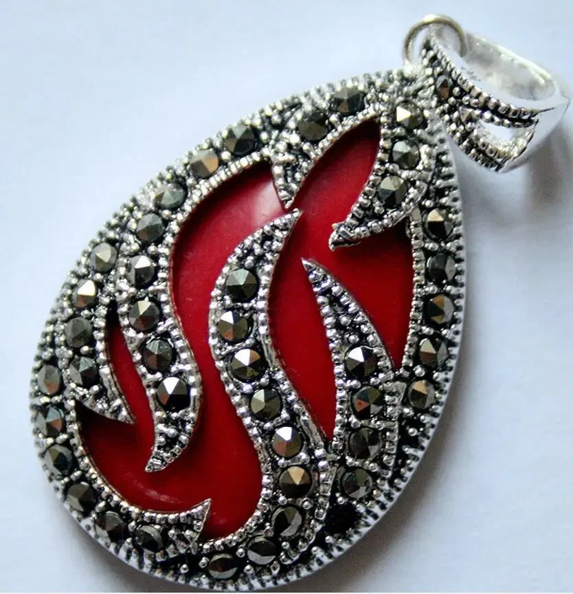 VINTAGE 925 STERLING SILVER INLAY IMITATION RED CORAL MARCASITE PENDANT 30x20MM