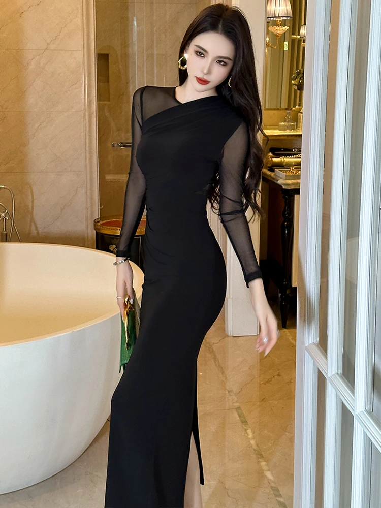 Women's French Sexy Maxi Dress Woman Elegant Black Purple Sheer See Through Mesh Splice Folds Bodycon Robe Party Prom Vestidos