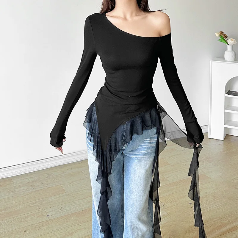 

Women Y2k Aesthetic Irregular Gauze Patchwork Autumn Tees 2025 Skew Collar Harajuku Vintage T-shirts Solid Slim Fit Grunge Tops