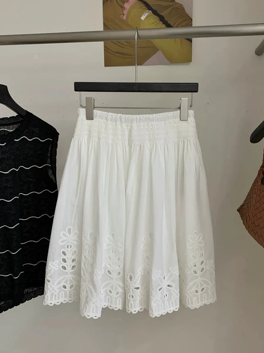 Summer White Embroidered Hollow out High Waist Women's Skirt Heavy Work Artistic Versatile Slimming A-Line Half-length Skirt