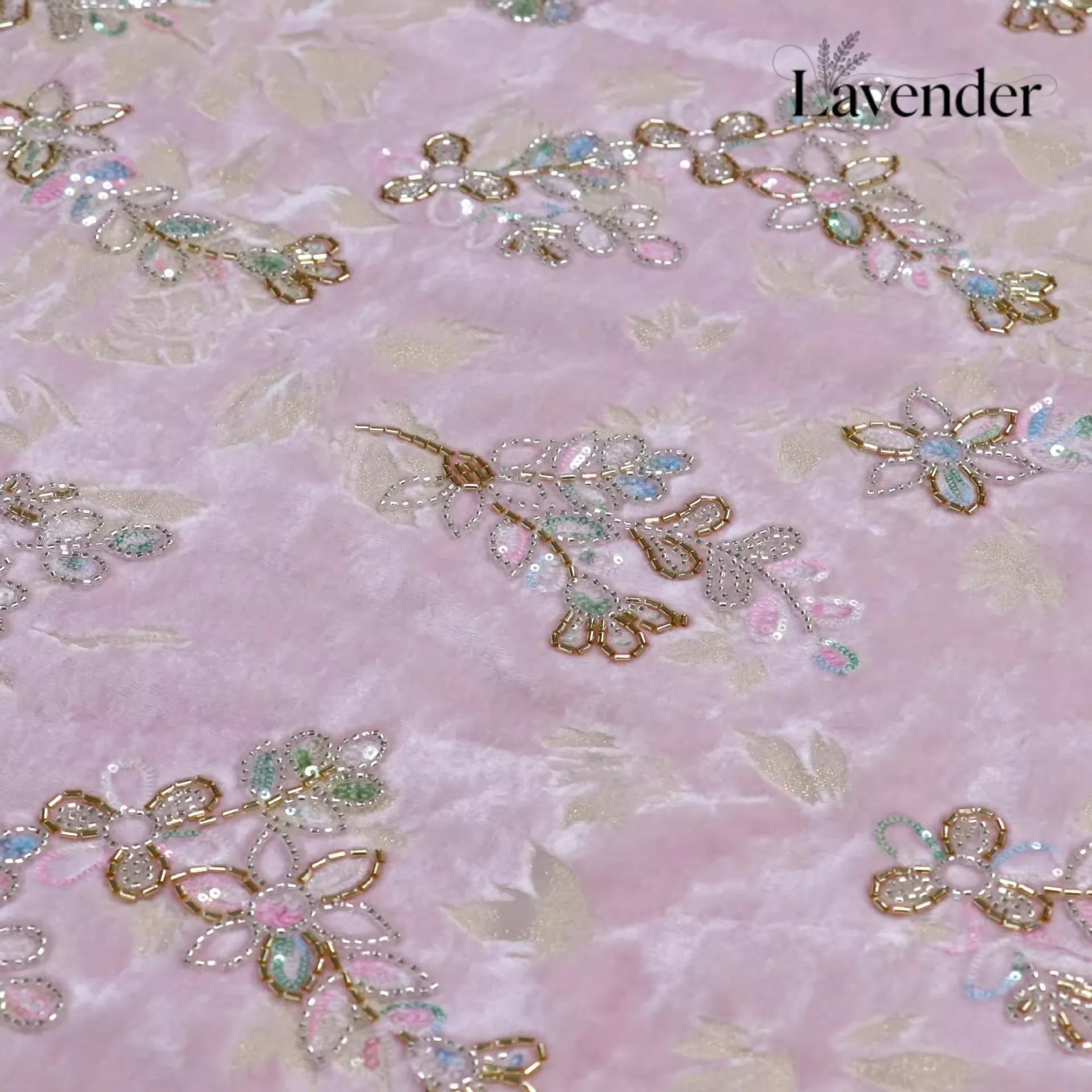 pink-light-green-woven-velvet-fabric-with-3d-floral-embroidery-gold-beads-sequin-accents-for-women's-dresses-diy-sewing