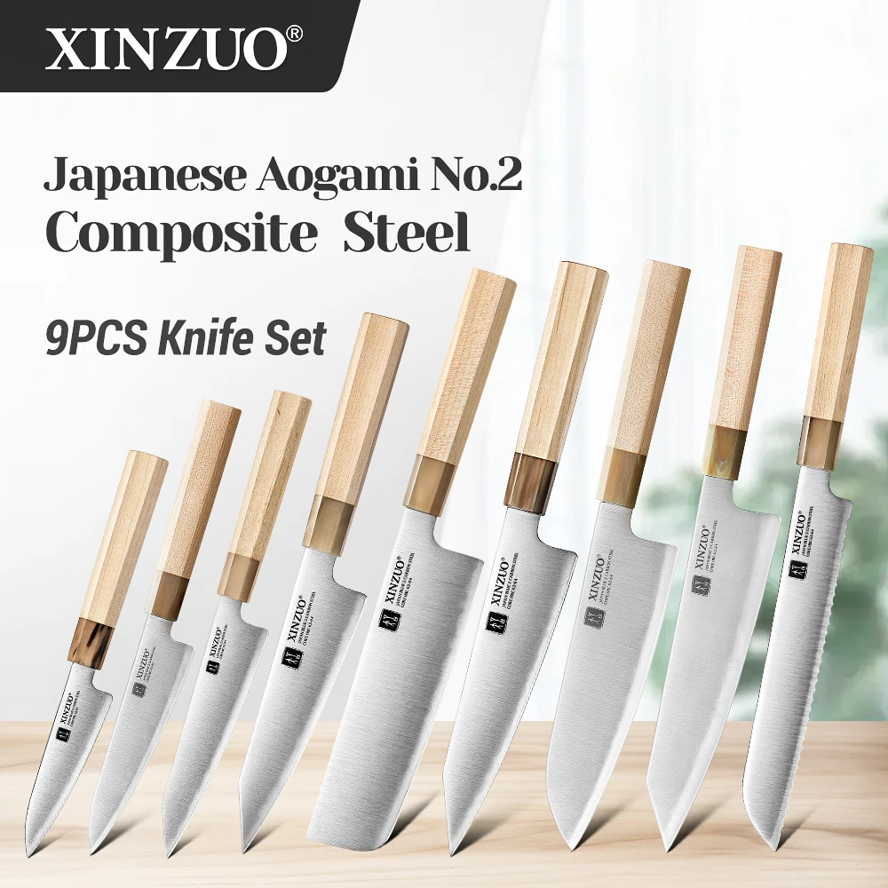 XINZUO 1-9PCS Knife Set Japanese Aogami No.2 Carbon Steel Knife Set Food Slicing And Shredding with Paulownia Wood Gift Box