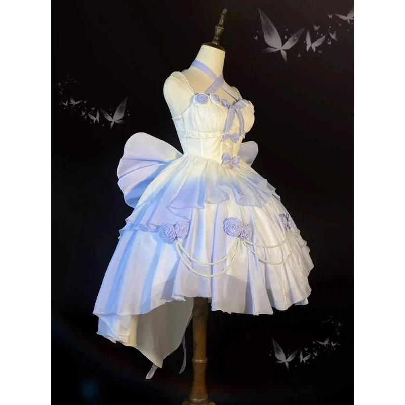 Gaun Pengantin Lolita Pendek Depan Panjang Belakang Berongga Bunga Biru Muda Gradien SS23 Berkilauan Halus Luo Pengpeng Heavy Industry