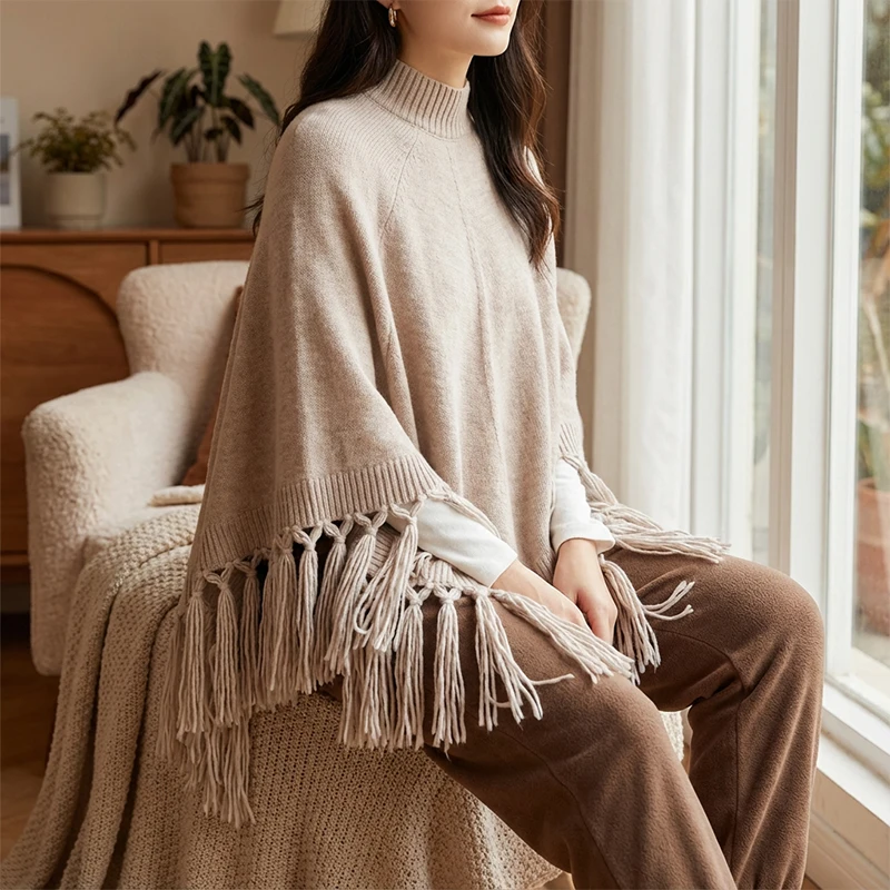 

Модный вязаный палантин-пончо с бахромой для женщин, однотонный, теплый зимний свитер-накидка, шаль, кейп