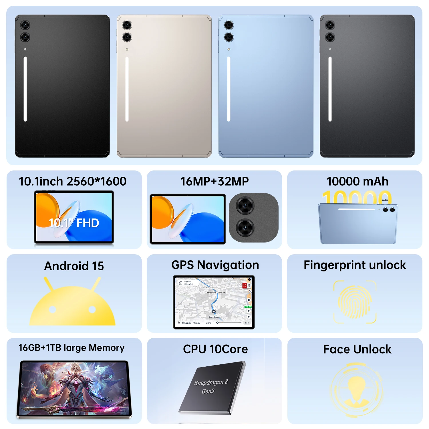 تابلت تاب S10 Ultra 10.1 بوصة أندرويد 15 16 جيجابايت + 1 تيرابايت بطاقة مزدوجة 10000 مللي أمبير في الساعة MSnapdragon 8 Gen3 Core WIFI + GPS تابلت