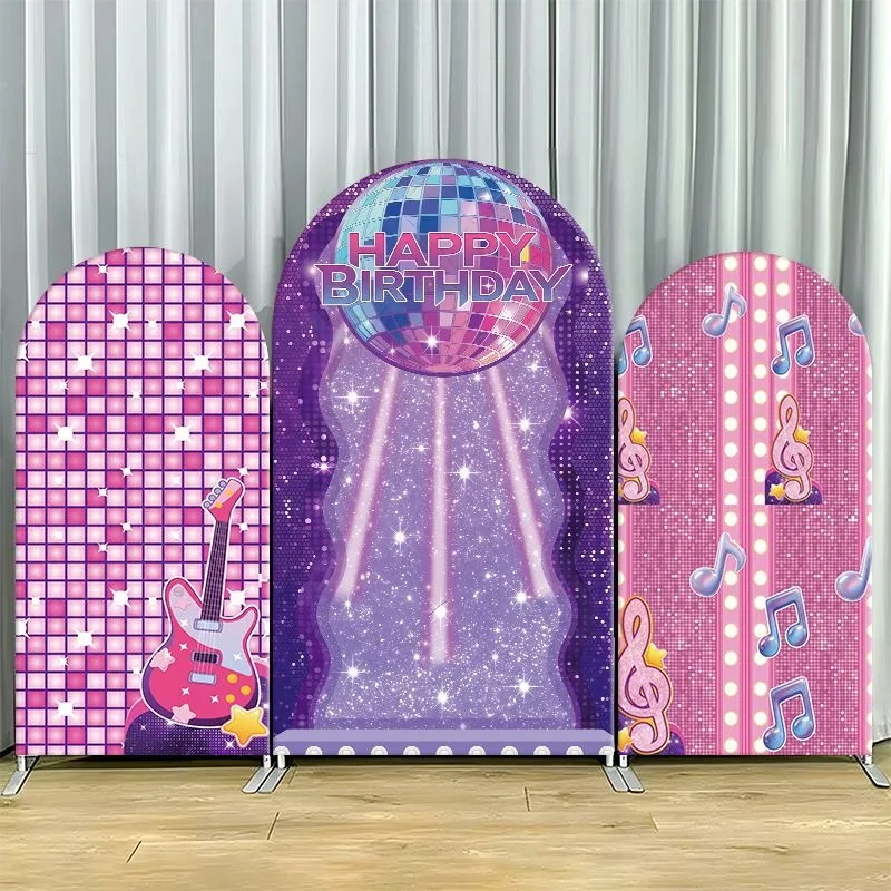 

Single Side Arch Backdrop Cover Disco Theme Birthday Backdrop Set Featuring Glittering Purple Center with Disco Ball and Beam