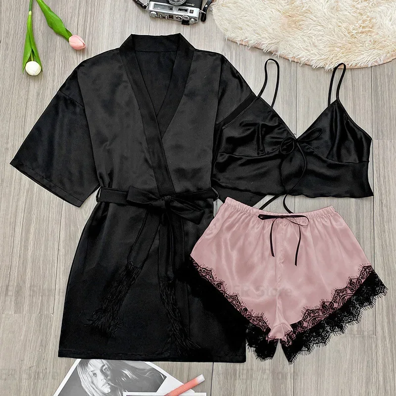 

3 шт., пикантные женские пижамы с кружевной отделкой, женские ночные рубашки, атласные халаты, ночная рубашка на бретельках и короткий женский халат, топ на бретельках, шорты, одежда для дома