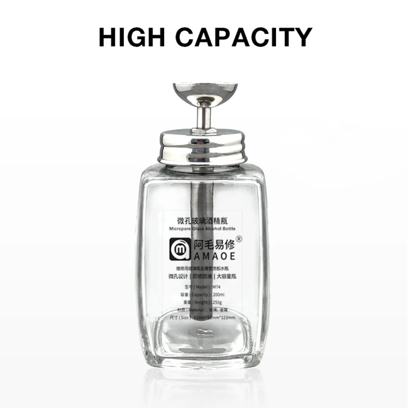 AMAOE M74 200ML Press-Type Micropore Glass Alcohol Bottle Stainless Steel Water Pipe Transparent Bottle for Phone Repair Tools