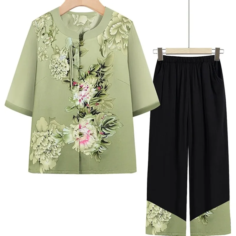 

Elderly Women Chinese Floral Print Half Sleeve Blouse Wide Leg Pants Set Summer Chiffon Casual Outfit S-4XL