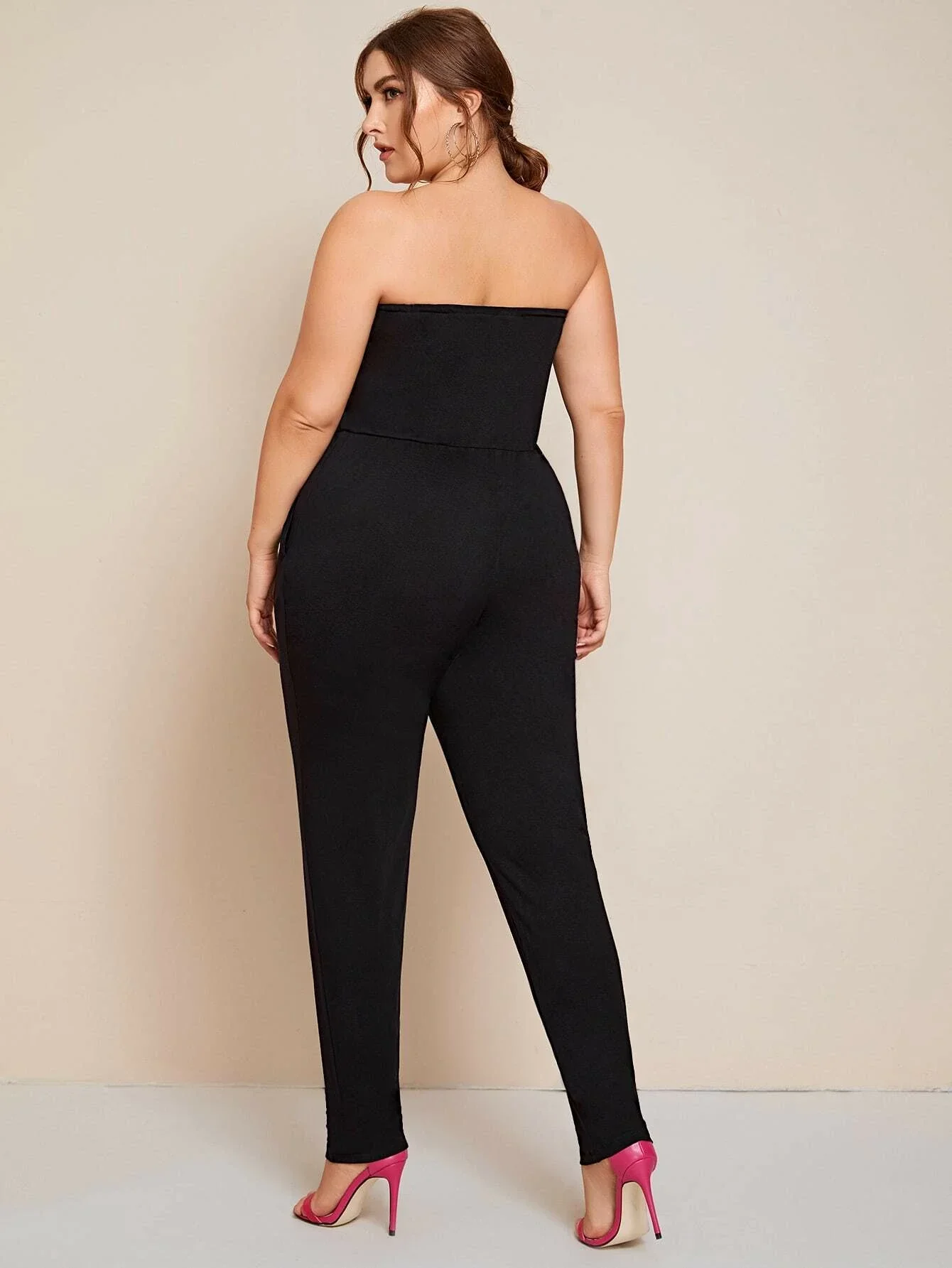 Plus Size Elegant Tube Jumpsuits Women Sleeveless Off Shoulder Solid Black Pocket Elastic Waist Summer Casual Jumpsuits 6xl 7xl