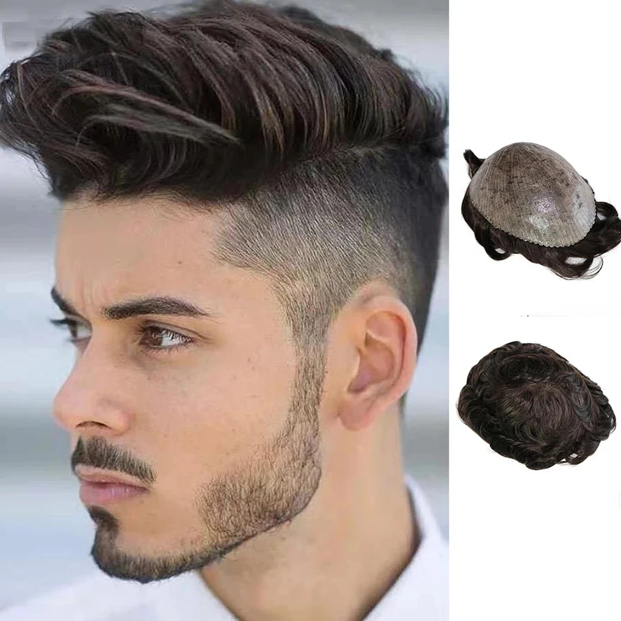 Perruque de cheveux humains pour hommes, délié naturel, toupet pour hommes, peau de micropeau, prothèse capillaire complète en PU, système de remplacement de qualité supérieure