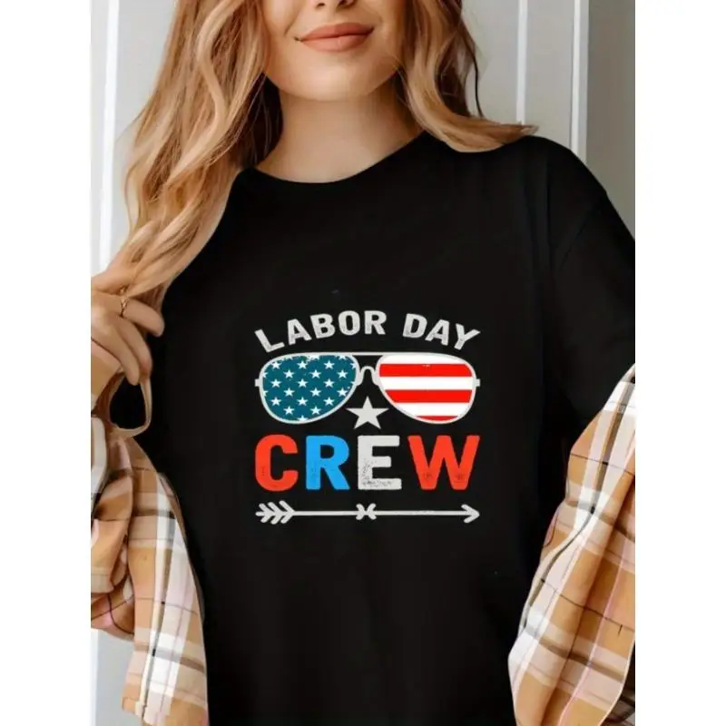 

Labor Day Crew T-Shirt American Flag Sunglasses Graphic Tee Unisex US Worker Apparel Patriotic Gift