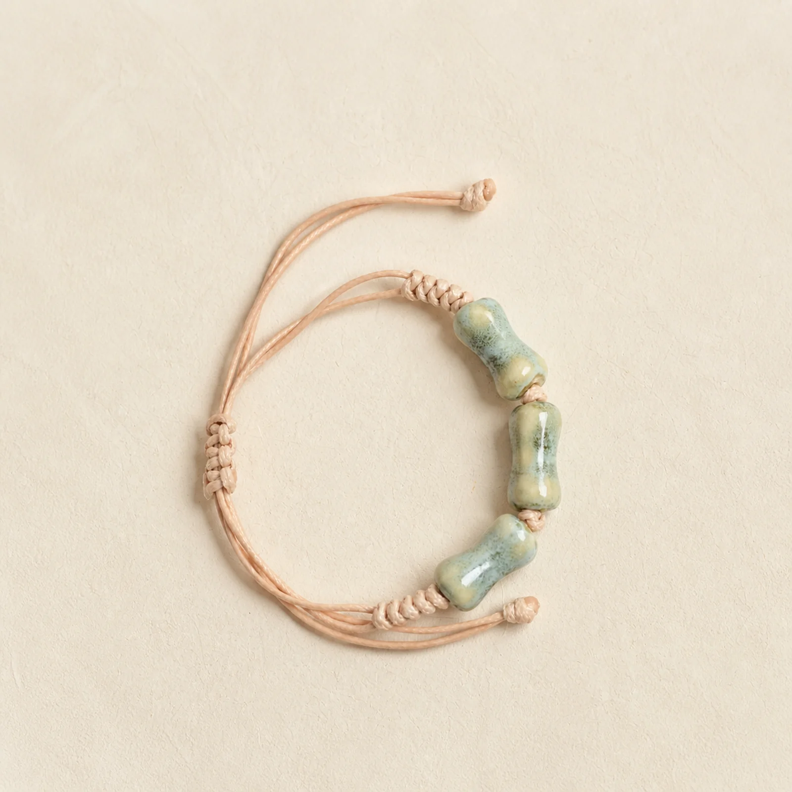 Artisanal Handmade Ceramic Bone Bead Bracelet Glazed Green Blue Waxed Cord Adjustable Braided Jewelry 608P11-14