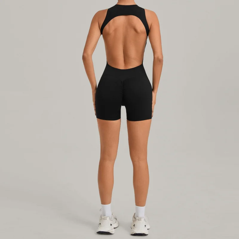 Hollow Backless Gym Bodycon Short Jumpsuit Playsuit Women Half Zip Open Back One Piece Yoga Sport Outfit Sexy Yoga Romper