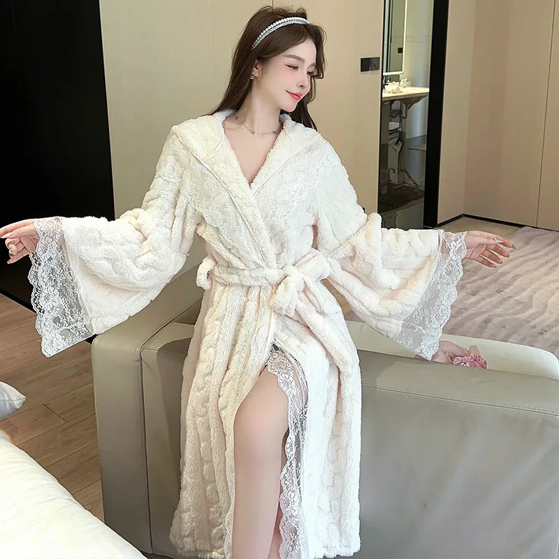 

Coral Fleece Thick Long Robe Hooded Kimono Bathrobe Gown Sweet Sexy Lace Nightgown Winter New Warm Sleepwear Female Lingerie